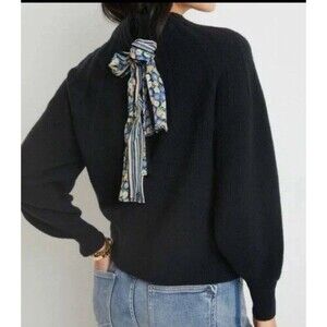 Anthropologie Liora Black Wool Blend Sweater w Silky Floral Tie-Back Size Medium